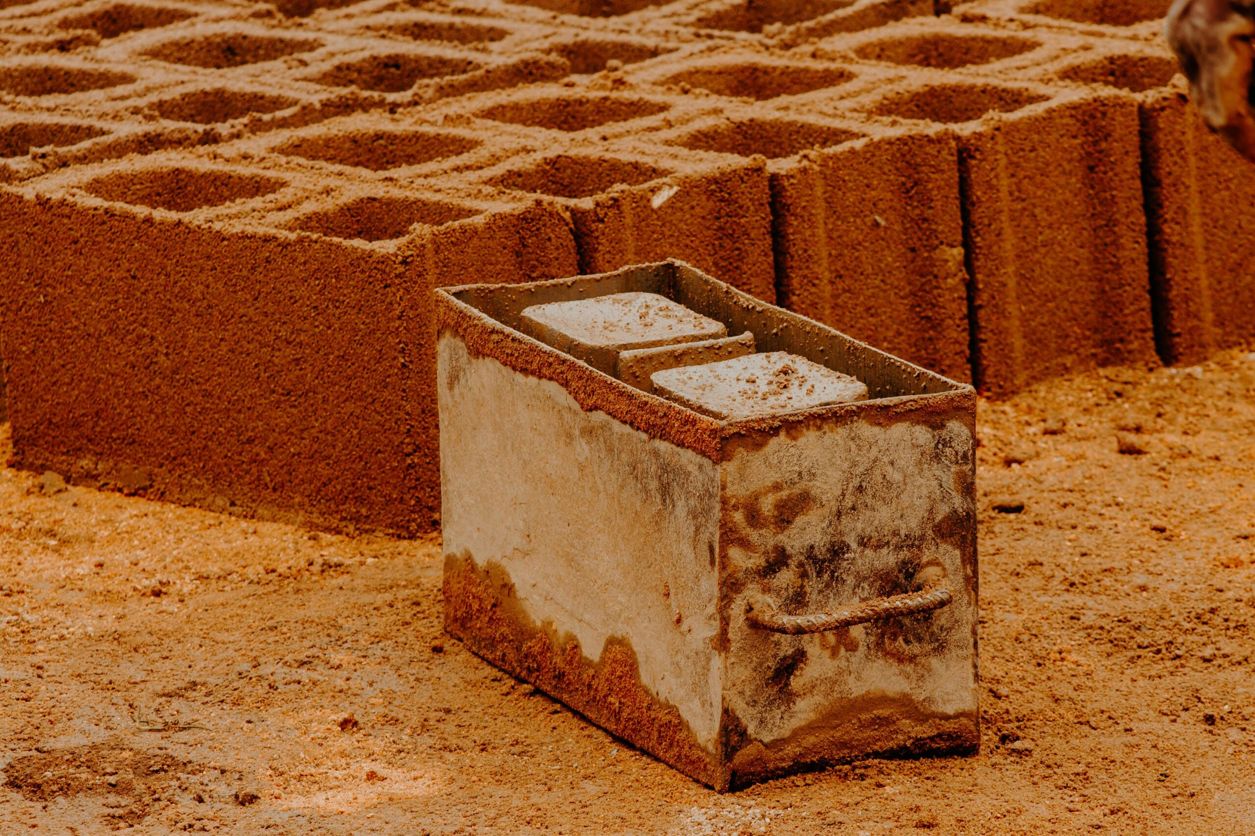 Close-up of handmade clay bricks in a construction area, highlighting traditional manufacturing techniques.